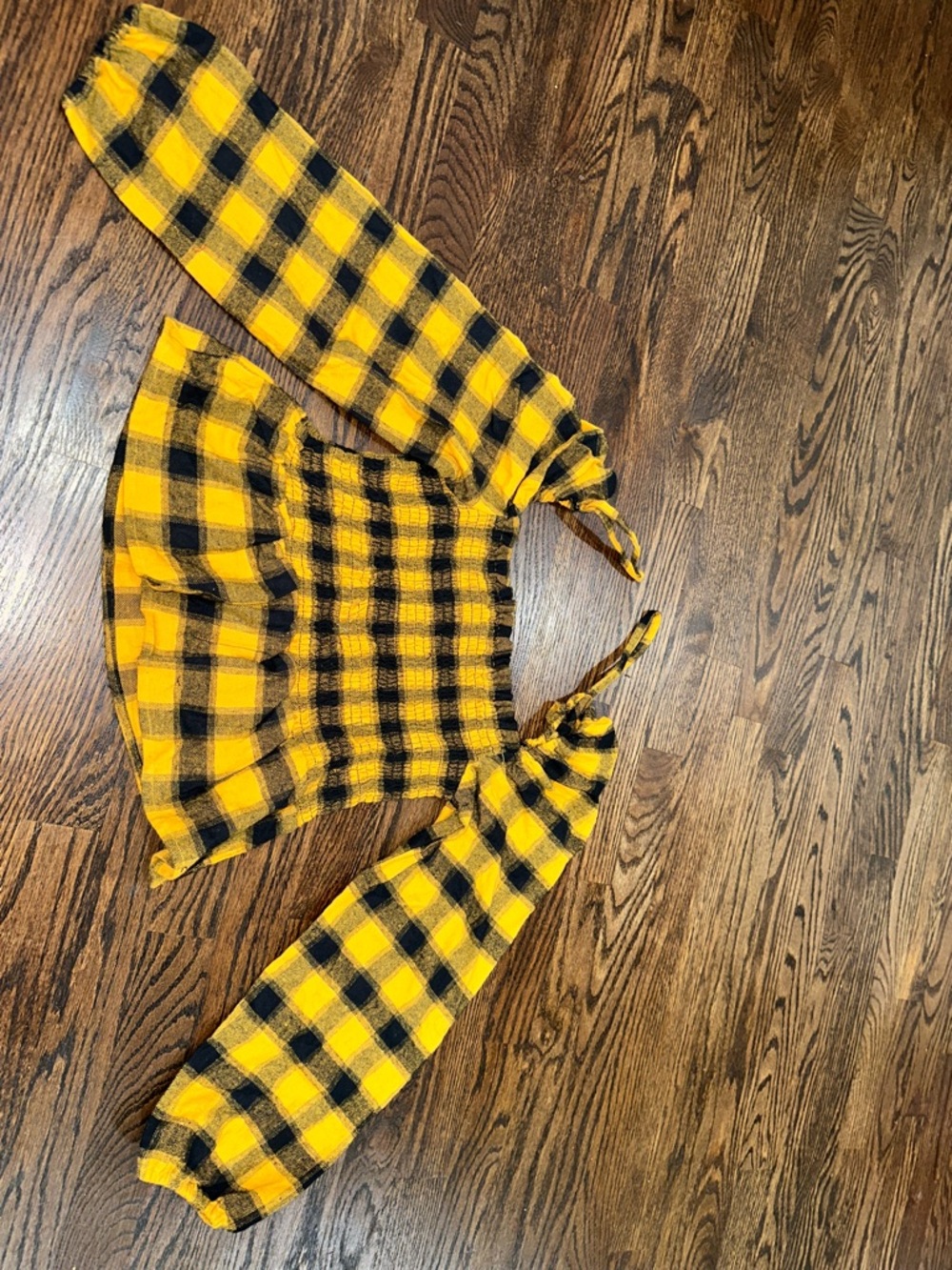 Yellow and Black Plaid Puff Sleeve Top